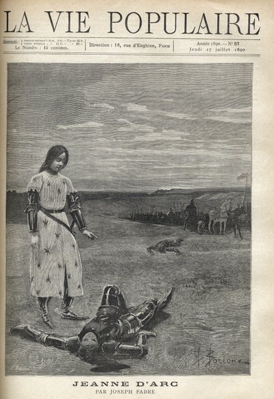 Vor der Truppe bewaffneter Ritter blickt Jeanne d