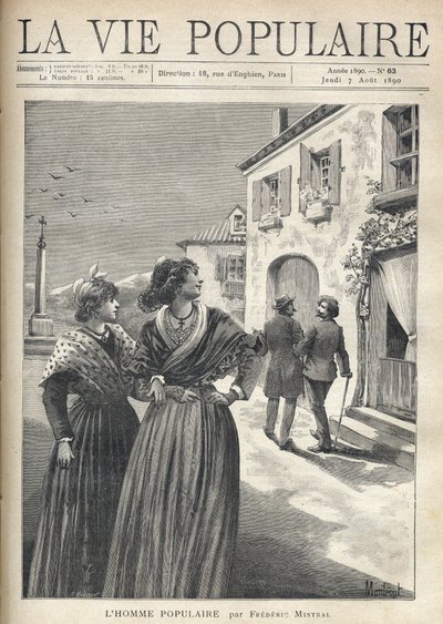 In den Straßen eines Dorfes in der Provence drehen sich zwei hübsche Frauen in provenzalischen Kleidern um, um einem Mann zu begegnen, der sich selbstbewusst ihren Blicken zuwendet. Illustration von Montegut für Der populäre Mann von Frédéric Mistral (1830 von Fortune Louis Meaulle
