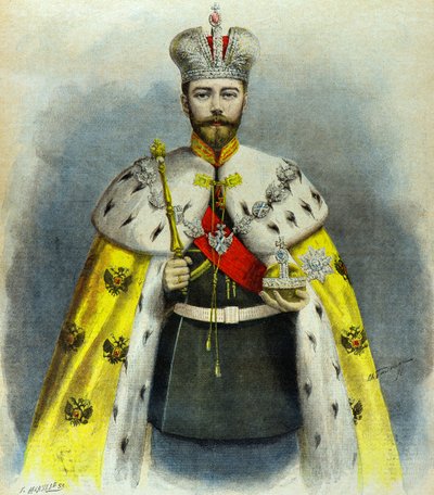 Porträt von Zar Nikolaus II. im Krönungsgewand im Mai 1896 (Gravur) von Fortune Louis Meaulle