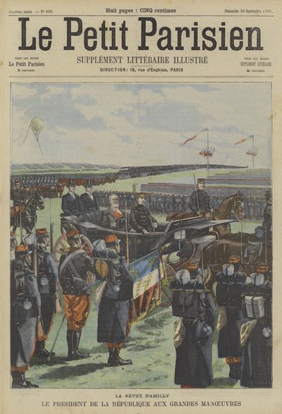 Präsident Loubet von Frankreich inspiziert Truppen bei den großen Manövern der französischen Armee in Amilly von Fortune Louis Meaulle