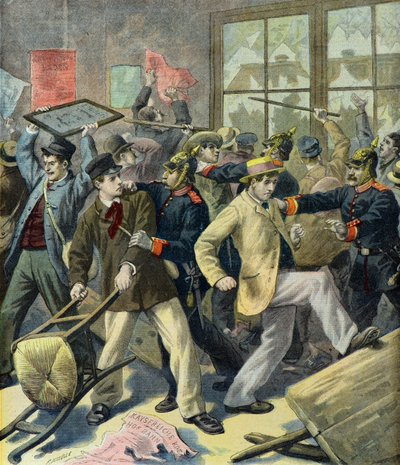 Rebellion der Wehrpflichtigen aus Elsass-Lothringen in deutschen Bahnhöfen (Gravur) von Fortune Louis Meaulle