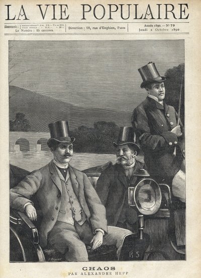 Zwei Männer im Anzug und Zylinder sitzen in einer Pferdekutsche, die von einem Kutscher gelenkt wird. Sie fahren entlang eines Flusses. Illustration für Chaos von Alexandre Hepp (1857-1924). Gravur von Fortune Meaulle (1844-1901) von Fortune Louis Meaulle