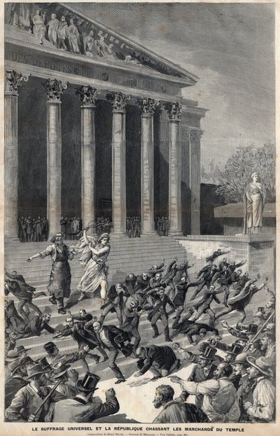 Allgemeines Wahlrecht und die Republik vertreiben die Händler aus dem Tempel - Allegorie auf die Folgen der Panama-Affäre - Gravur von Meaulle nach Henri Meyer von Fortune Louis Meaulle