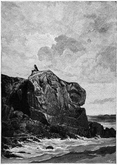 Victor Hugo im Exil auf Jersey im Jahr 1855, auf dem Proscriit-Felsen. Gravur von Louis Fortuné Méaulle (1844-1901), von dem Hugo sagte: „Ich denke, er graviert“. von Fortune Louis Meaulle