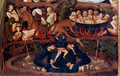 Das Jüngste Gericht: Detail der Unterwelt. Verdammte in den Höllenkreisen, Folterungen durch Dämonen. Detail einer Temperamalerei auf Holz von Fra  Angelico