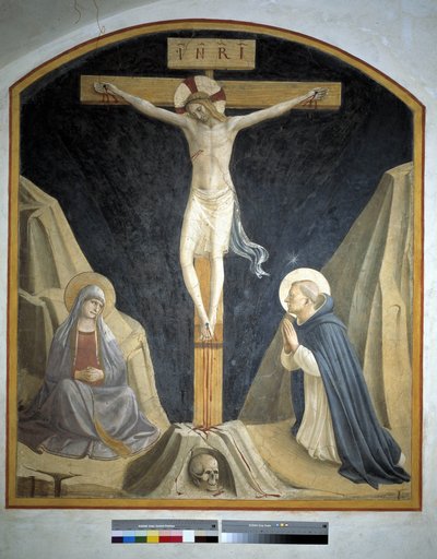 Kreuzigung mit der Jungfrau Maria und dem heiligen Dominikus. Inschrift "INRI" am Kreuz, 1442 von Fra Angelico