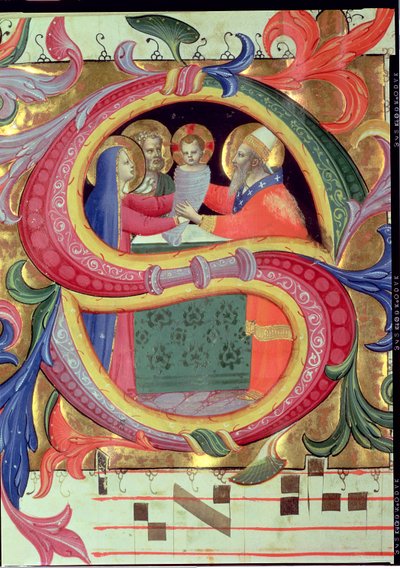 Ms 558 f.26v Die Darstellung im Tempel, Detail (Initiale S) aus einem Missale von Fra Angelico