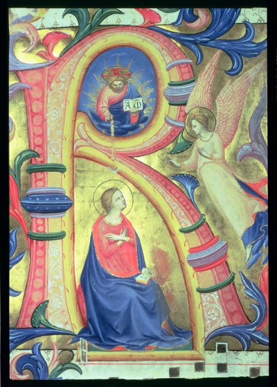 Ms 558 f.33v Die Verkündigung, Detail (Initiale R) aus einem Missale von Fra Angelico