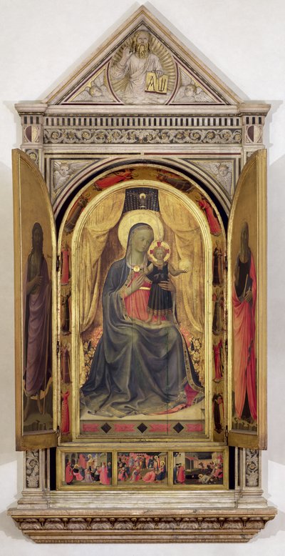 Das Linaiuoli-Triptychon (mit offenen Flügeln): Die Jungfrau und das Kind auf dem Thron mit St. Johannes dem Täufer und St. Markus, 1433 von Fra Angelico