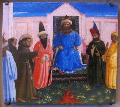 Die Feuerprobe, St. Franziskus bietet an, durch Feuer zu gehen, um den Sultan von Ägypten zu bekehren (Legenda maior, IX, 8) von Fra Angelico