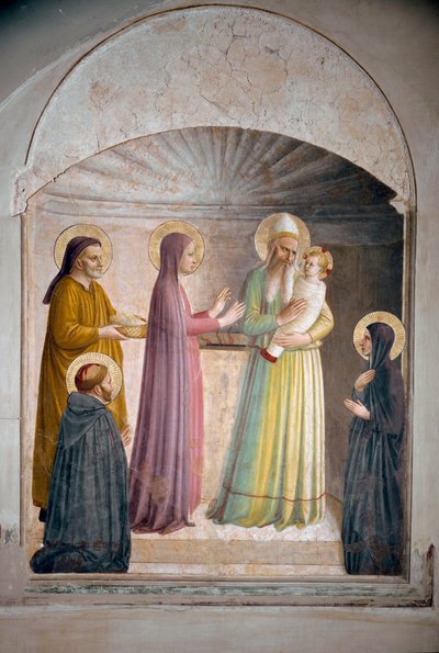 Die Darstellung Christi im Tempel. Der heilige Petrus, Märtyrer, und die Dominikanernonne Villana beobachten die biblische Szene. Fresko von Guido di Pietro von Fra Angelico