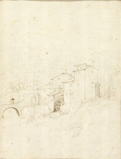 Wassermühle mit Figuren auf einer Bogenbrücke von Fra Bartolommeo