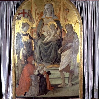 Madonna und Kind auf dem Thron mit den Heiligen Stephanus, Johannes dem Täufer, Francesco Datini (ca. 1335-1410) und der Familie Ceppo von Fra Filippo Lippi