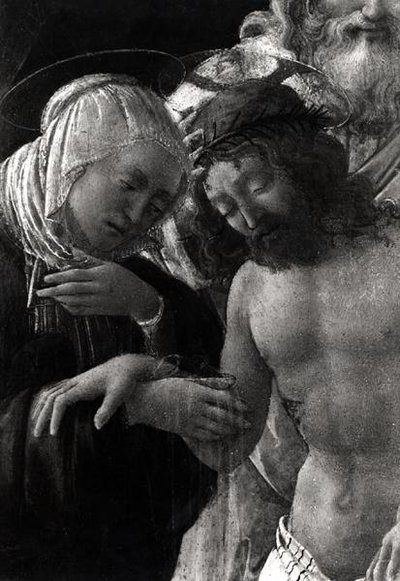 Die Grablegung, Detail der Jungfrau und Christus von Fra Filippo Lippi
