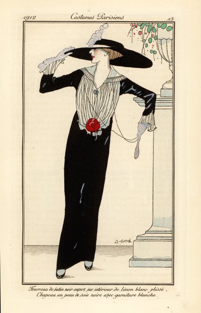 Frau in schwarzem Satin-Kleid, schwarzer Seidenhut von Francesc Xavier Gosé