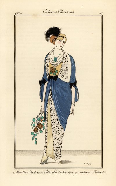 Frau im Abendkleid aus aschblauem Satin mit irischer Spitze. Manteau du soir en satin bleu cendre avec garnitures d’Irlande. von Francesc Xavier Gosé