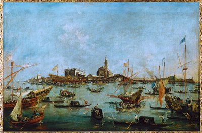 Der Doge in seiner goldenen Gondel, der Bucintoro, passiert San Niccolo del Lido von Francesco (circle of) Guardi