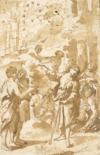 Joseph erzählt seinem Vater und seinen Brüdern seinen Traum und zeigt auf elf Sterne am Himmel von Francesco Albani