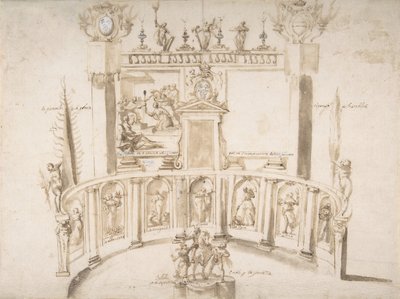 Entwurf für ein Gartenfest mit einer halbkreisförmigen Mauer und Statuen in Nischen, ca. 1635-79 von Francesco Allegrini