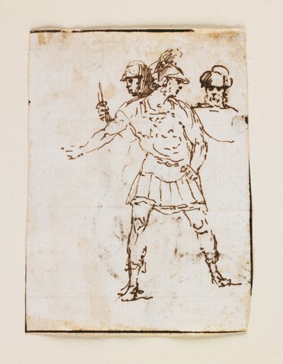 Studie von zwei römischen Soldaten und einer bärtigen Figur (recto); Studie eines bärtigen Mannes, der mit einem Stock geht (verso) von Francesco Allegrini