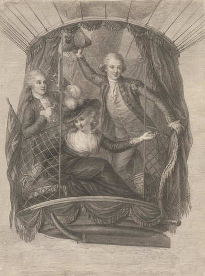 Aufstieg von Madame Sage, Chevalier Biggin und Kapitän Vincent Lunardi in einem Ballon, 20. Juni 1785 von Francesco Bartolozzi