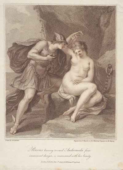 Perseus, der Andromeda aus drohender Gefahr rettete, ist von ihrer Schönheit bezaubert von Francesco Bartolozzi