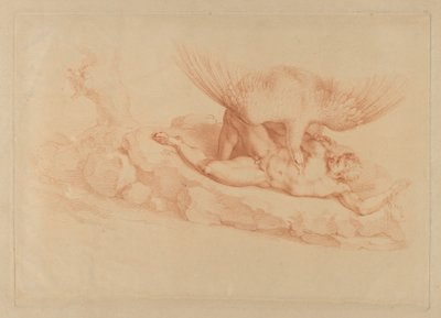 Prometheus, nackt, an einen Felsen gekettet, blickt zu einem Adler auf, der über ihm steht von Francesco Bartolozzi