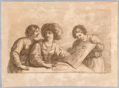 Drei Frauen mit einer Palette und Skizze eines Designs von Francesco Bartolozzi