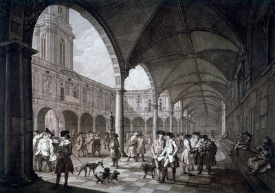 Ansicht des Innenhofs der Royal Exchange mit Kaufleuten und Maklern, City of London, 1788 von Francesco Bartolozzi