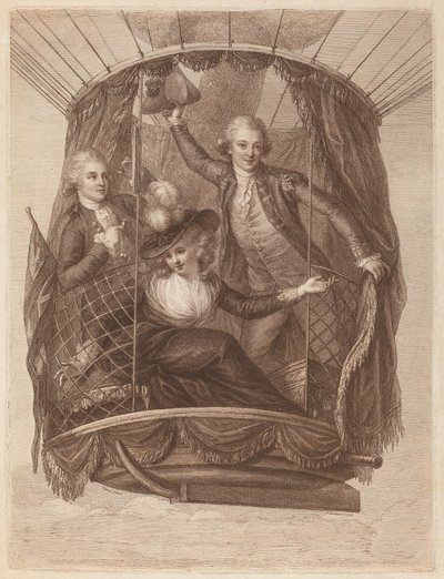 Der berühmte Vincent Lunardi Esq. begleitet von zwei Freunden auf seinem dritten Luftausflug, aufgenommen von St. George