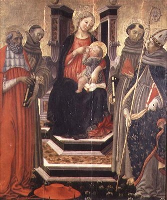 Madonna mit Kind und den Heiligen Hieronymus, Franz von Assisi, Antonius von Padua und Ludwig von Toulouse von Francesco Botticini