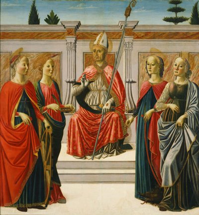 Heiliger Nikolaus und die Heiligen Katharina, Lucia, Margareta und Apollonia von Francesco Botticini