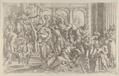 Heiliger Rochus verteilt Almosen an eine Gruppe von Menschen um ihn herum von Francesco Brizio