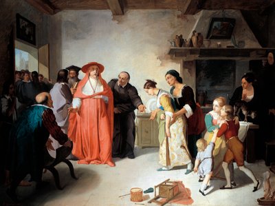Kardinal Borromeo besucht Lucy im Schneiderhaus, Szene aus Die Verlobten von Alessandro Manzoni, von Francesco Coghetti, Öl auf Leinwand von Francesco Coghetti