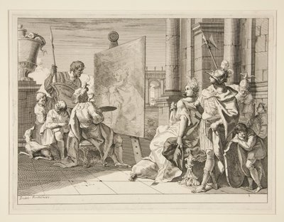 Apelles malt Campaspe, die Geliebte von Alexander dem Großen, eine von acht Drucken (Varii Baccanali et istorie) von Francesco Fontebasso