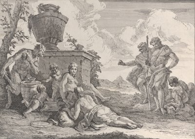 Satyr mit Keule und sieben Figuren, aus Bacchanals und Geschichten, 1744 von Francesco Fontebasso