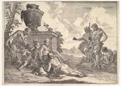 Satyr mit Keule und sieben Figuren, aus Bacchanals und Geschichten, 1744 von Francesco Fontebasso