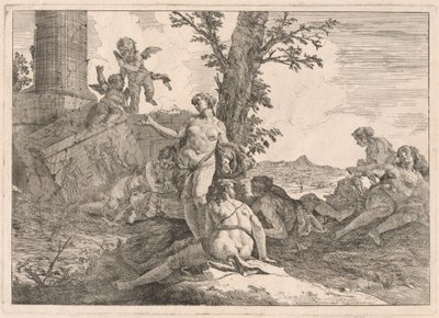 Sechs Nymphen und zwei Cupidos in einer Landschaft von Francesco Fontebasso