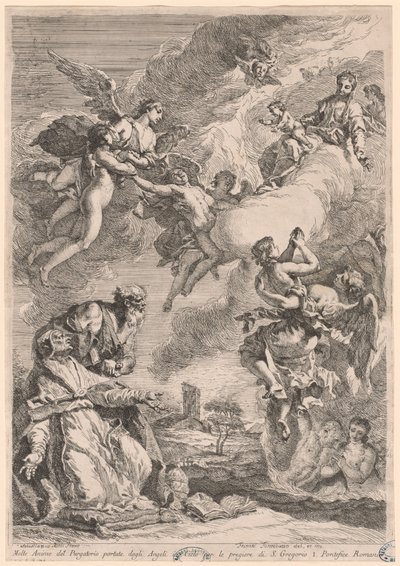 Papst Gregor der Große und Heiliger Vitale, die für die Seelen im Fegefeuer Fürbitte leisten von Francesco Fontebasso, after Sebastiano Ricci
