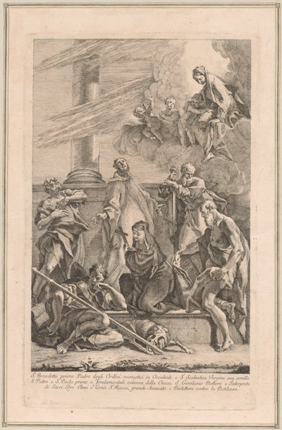 Die Madonna und das Kind mit zwei Engeln und den Heiligen Scholastica, Benedikt, Rochus, Petrus, Paulus und Hieronymus von Francesco Fontebasso after Sebastiano Ricci