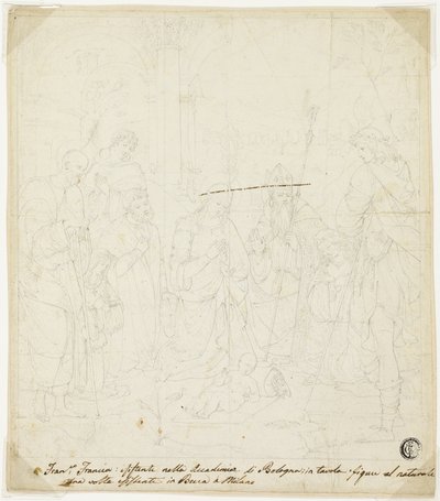Anbetung des Christkindes mit den Heiligen Joseph, Franz von Assisi und Augustinus, begleitet von Anton Galeazzo Bentivoglio und Alessandro Bentivoglio von Francesco Francia