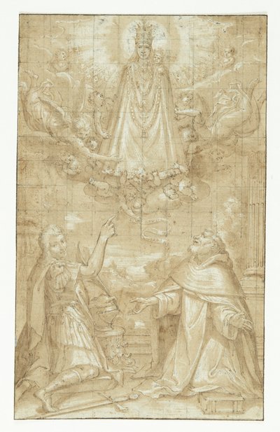 Eine gekrönte Madonna mit dem Kind, umhüllt von einem Mantel und schweren Ketten, erscheint in den Wolken, umgeben von Engeln und Cherubim, vor zwei knienden Heiligen; einer ein Soldat, der Märtyrer ist, der andere ein Geistlicher (Hyacintus?). Ein Engel r von Francesco Francia