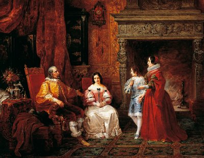 Prinz erzählt jungem Prinzen und seiner Mutter von Gertrudes Entscheidung, Nonne zu werden, Episode aus Die Verlobten von Alessandro Manzoni von Francesco Gonin