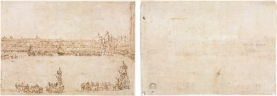 Einzug von Triumphwagen auf der Piazza San Marco, Venedig, zur Feier des Besuchs der Conti del Nord (recto) Drei Skizzen von Bögen (verso) von Francesco Guardi
