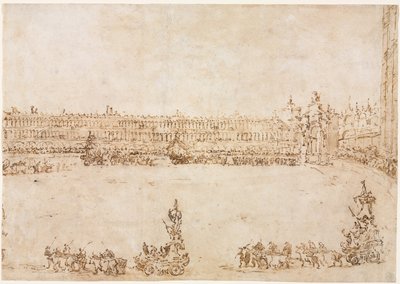 Einzug von Triumphwagen auf der Piazza San Marco, Venedig, zur Feier des Besuchs der Conti del Nord (recto) von Francesco Guardi