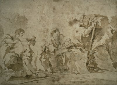 Anbetung der Hirten (recto); Drei Skizzen: Gebäude am Kanal mit Booten, Landschaft mit Gebäuden am Hang, Gebäude mit Portikus (verso) von Francesco Guardi