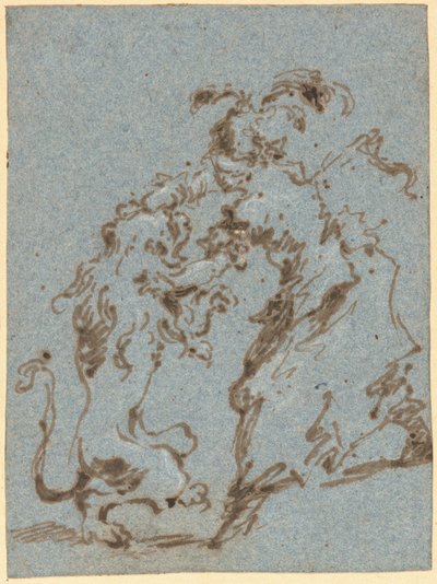 Eine elegant gekleidete Frau kämpft mit einem Löwen von Francesco Guardi