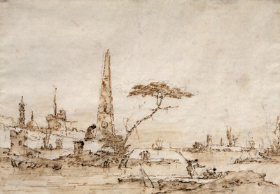 Capriccio neben einer venezianischen Lagune mit einem Obelisken und Löwen außerhalb der Mauern einer befestigten Stadt von Francesco Guardi
