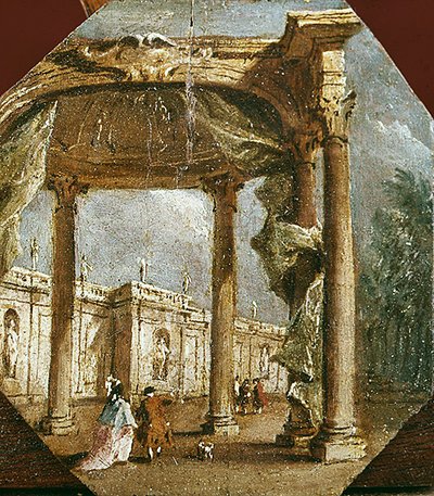 Capriccio einer Ruine mit einem eleganten Paar und einem Hund von Francesco Guardi