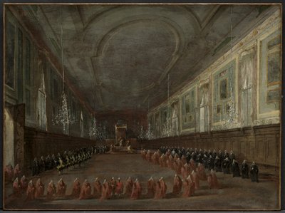 Papst Pius VI. verlässt den Thron, um sich vom Dogen zu verabschieden, im Saal..., um 1783 von Francesco Guardi